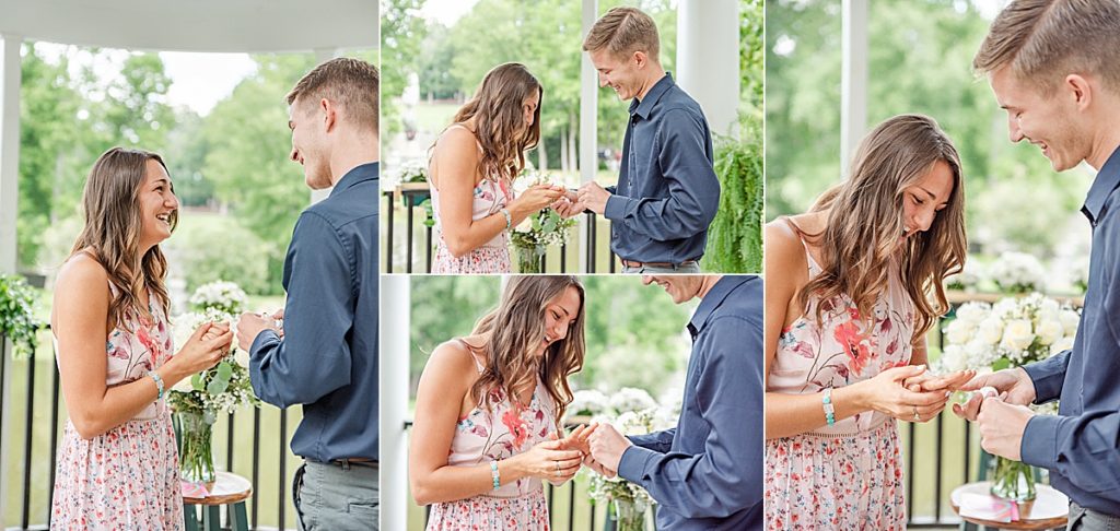 Surprise Proposal in Marietta, Georgia. Gazebo with florals and Melanie Casey engagement ring. 
